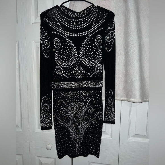 Mock Neck Rhinestone Sheer Mesh Bodycon Dress - Picture 2 of 7